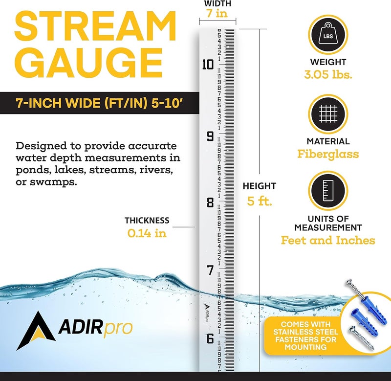 AdirPro 7" Wide Stream Gauge - Heavy Duty & All Weather - Water Depth & Flow Meters - Graduated in Feet/Inches (5-10') - Image 1